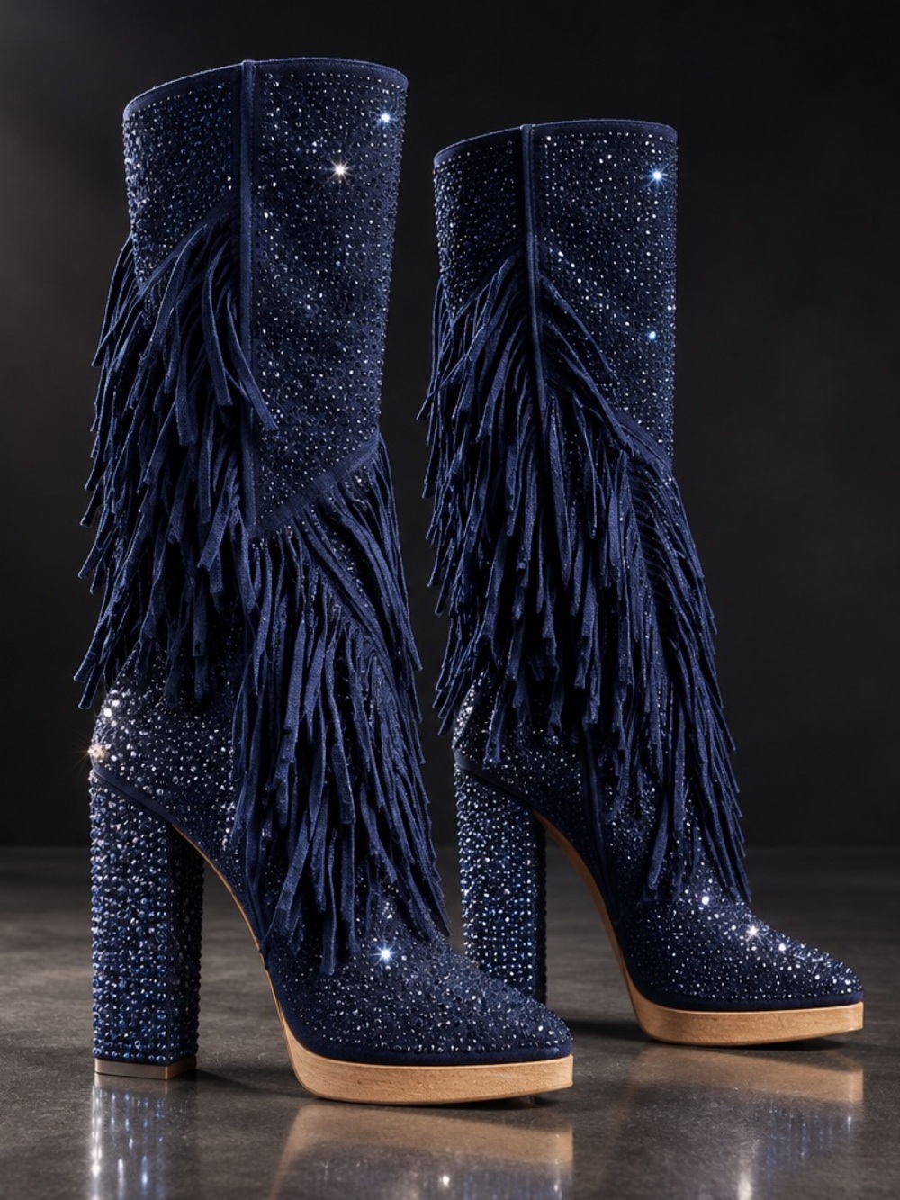 Jessica Simpson Asire Navy Blue Rhinestone Fringe Knee High Boots Size 7.5